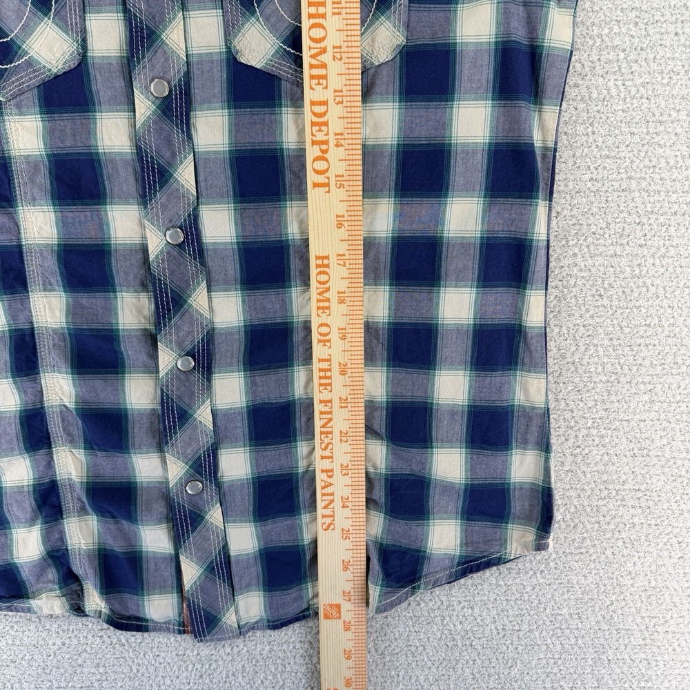 True Religion Western Pearl Snap Shirt Mens Large Blue White Plaid Long Sleeve - Picture 13 of 15